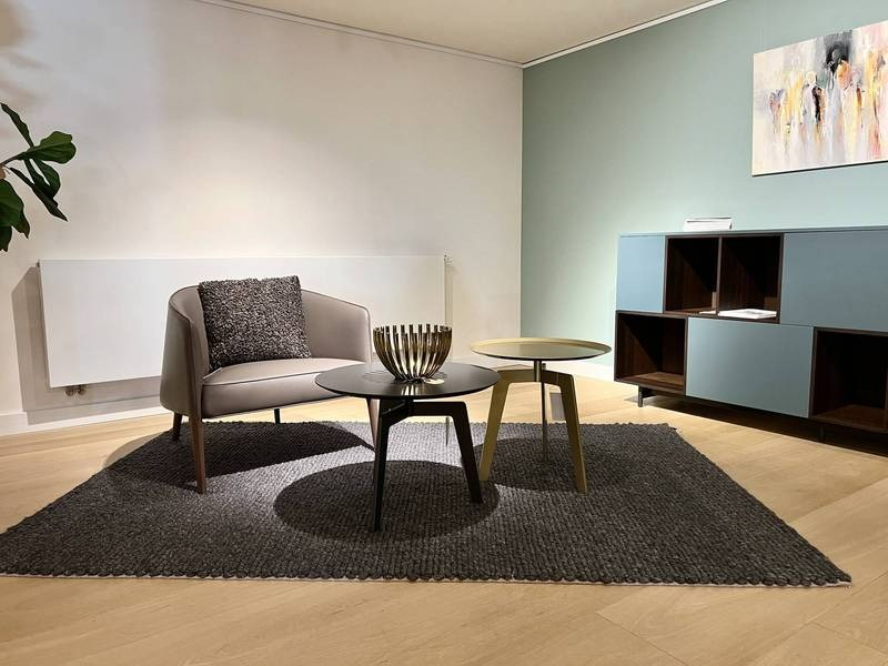Modernes Wohnzimmer, minimalistische Einrichtung, gemütlich.